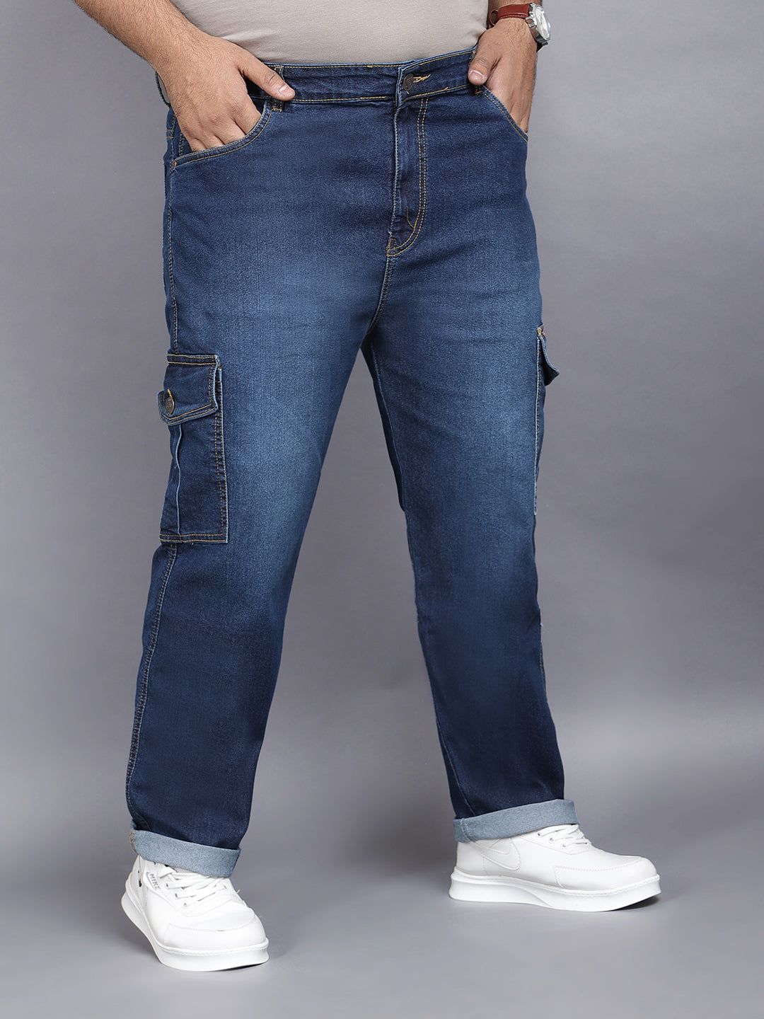Zush Men's Stylish Plus size Stretchable 6 pockets Dark blue color Cargo jeans-ZU578